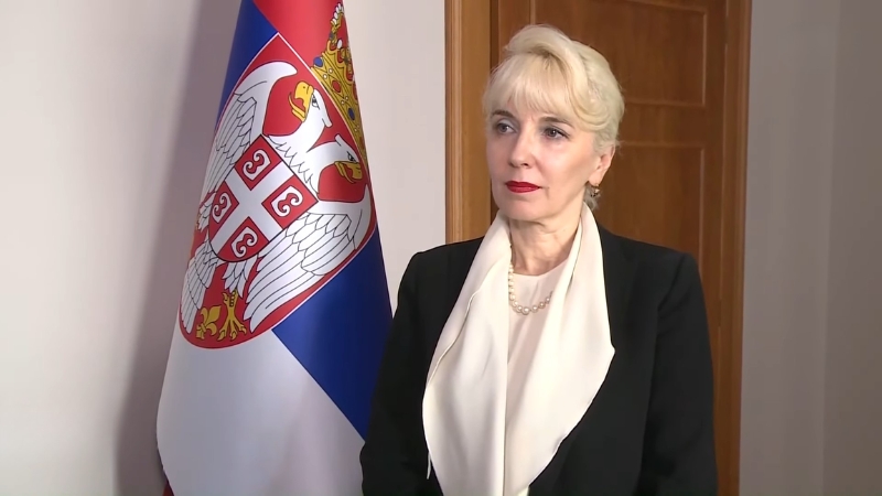 Ministarka Jagoda Lazarević stoji pored zastave Srbije tokom zvaničnog obraćanja